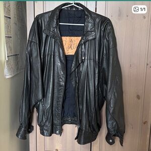 Pollini Black Leather Batwing Oversized Bomber Jacket